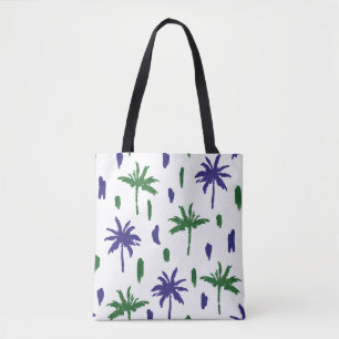 Navy Blue Green Palm Pattern Tote Bag