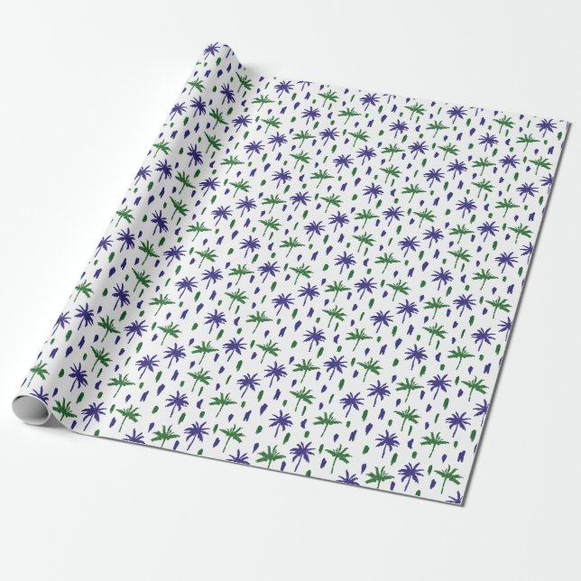 Navy Blue Green Palm Pattern Wrapping Paper (Unrolled)