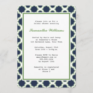 Navy Blue & Green Quatrefoil Pattern Bridal Shower Invitation