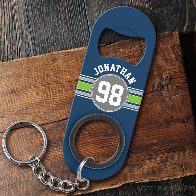 Navy blue Green Sports Jersey Stripes Name Number (Custom Bottle Opener)