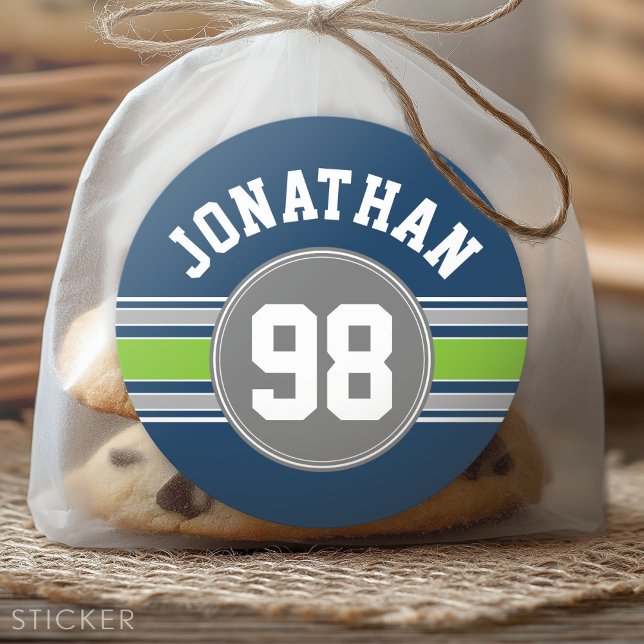 Navy blue Green Sports Jersey Stripes Name Number Classic Round Sticker (Custom Sticker for Party Favors and Envelopes)