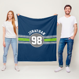 Navy blue Green Sports Jersey Stripes Name Number Fleece Blanket