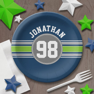 Navy blue Green Sports Jersey Stripes Name Number Paper Plate