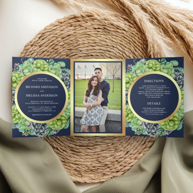 Navy Blue Green Succulent Wreath Photo Wedding Tri-Fold Invitation (Creator Uploaded)
