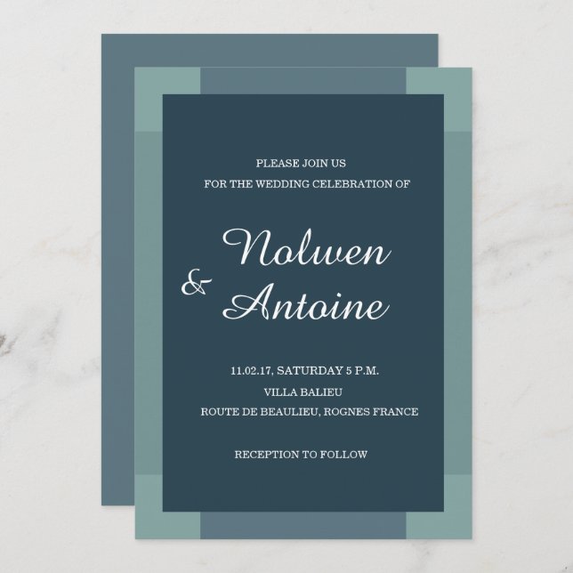 Navy blue green turquoise elegant modern wedding invitation (Front/Back)
