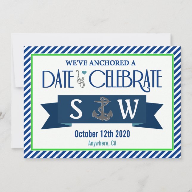 Navy Blue Green White Nautical Wedding Invitations (Front)
