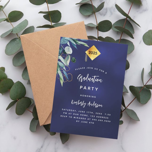 Navy blue greenery 2025 graduation party invitation (Creator Uploaded)