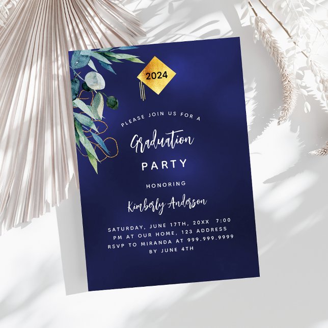 Navy blue greenery 2025 graduation party invitation postcard (Creator Uploaded)
