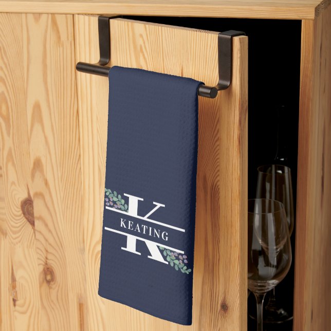 Navy Blue Greenery & Berries Monogram  Tea Towel (Thirds Fold)