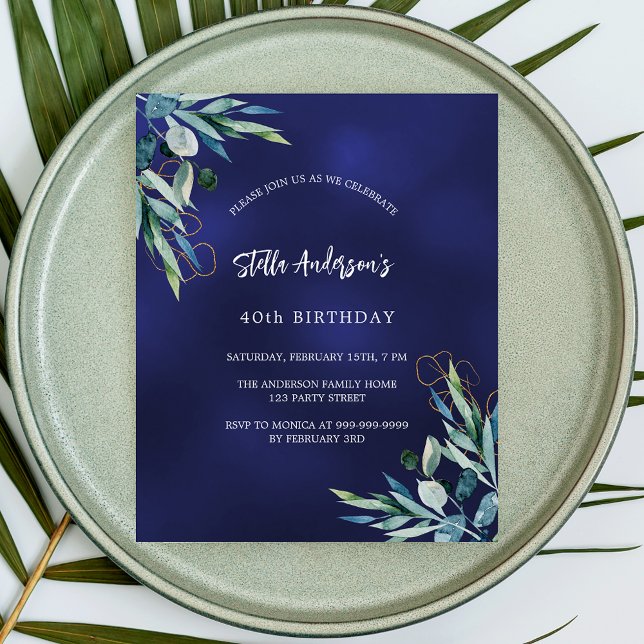 Navy blue greenery budget birthday invitation flyer (Creator Uploaded)