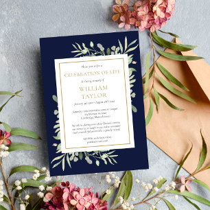 Navy Blue Greenery Celebration of Life Invitation