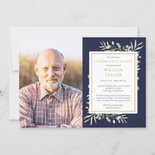 Navy Blue Greenery Celebration of Life Photo Invitation