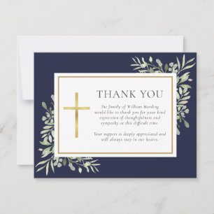 Navy Blue Greenery ChristianFuneral Photo Thank You Card