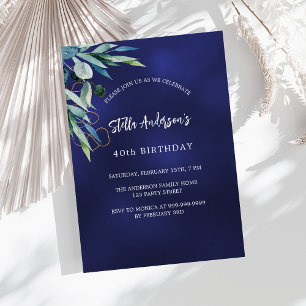 Navy blue greenery elegant birthday invitation