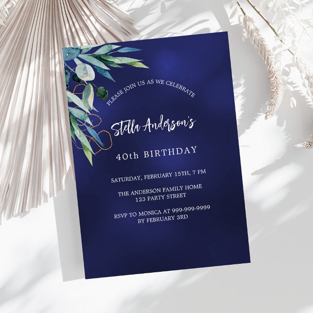 Navy blue greenery elegant birthday invitation (Creator Uploaded)