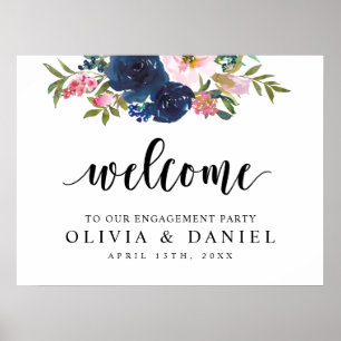 Navy Blue Greenery Engagement Party Welcome Poster