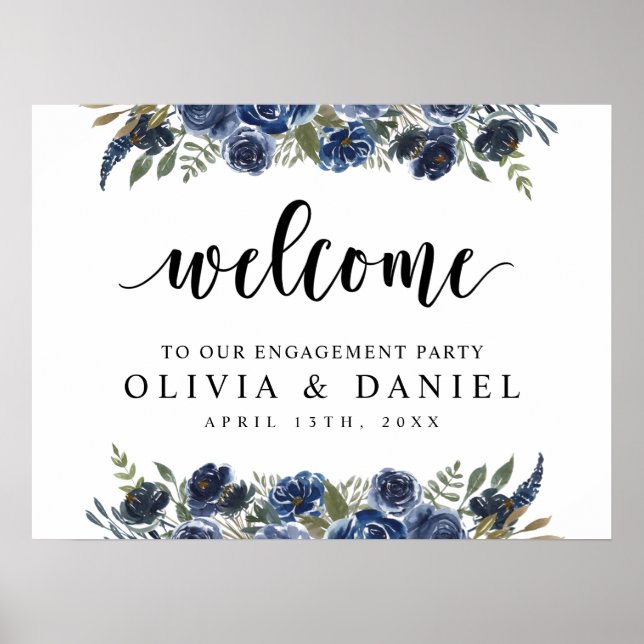 Navy Blue Greenery Engagement Party Welcome Poster (Front)