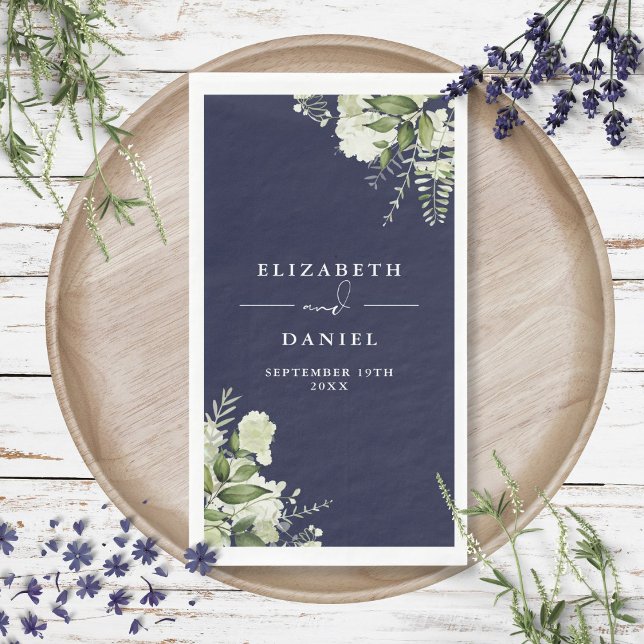 Navy Blue Greenery Floral Elegant Wedding Napkin (Navy Blue Greenery Floral Elegant Wedding Paper Guest Towels)