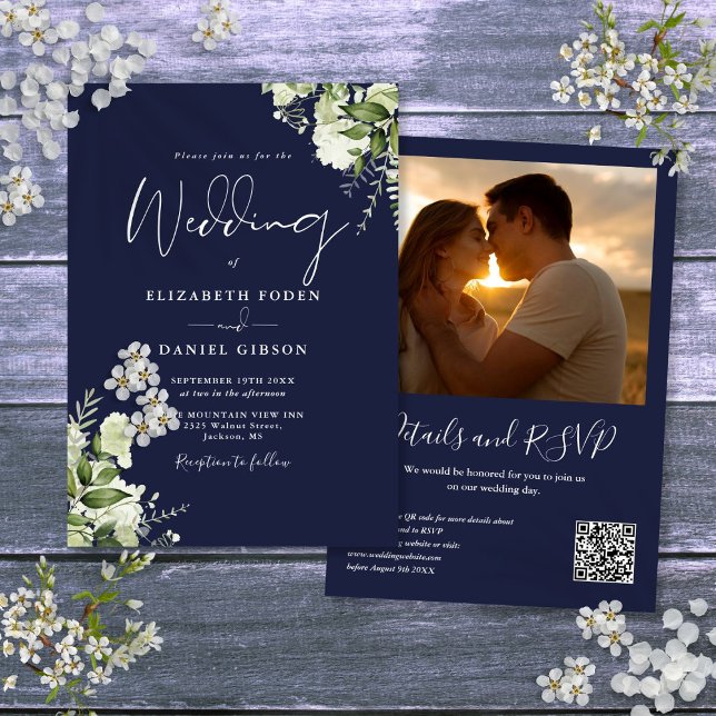 Navy Blue Greenery Floral QR Code Photo Wedding Invitation (Navy Blue Greenery Floral QR Code Photo Wedding Invitation)