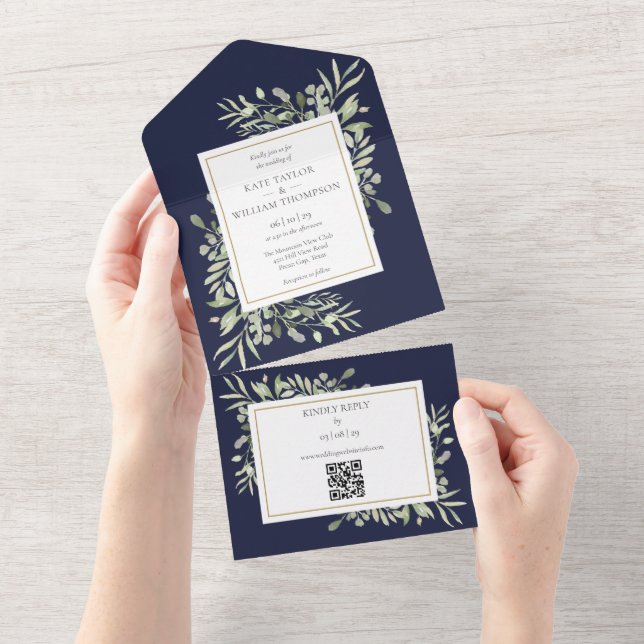 Navy Blue Greenery Floral QR Code Wedding All In One Invitation (Tearaway)