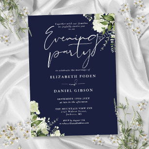 Navy Blue Greenery Floral Wedding Evening Party Invitation