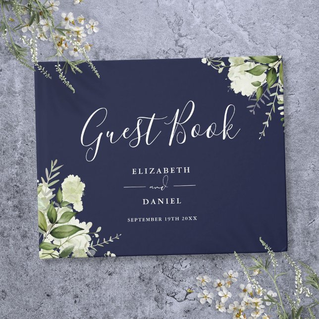 Navy Blue Greenery Floral Wedding Guest Book (Navy Blue Greenery Floral Wedding Guest Book)