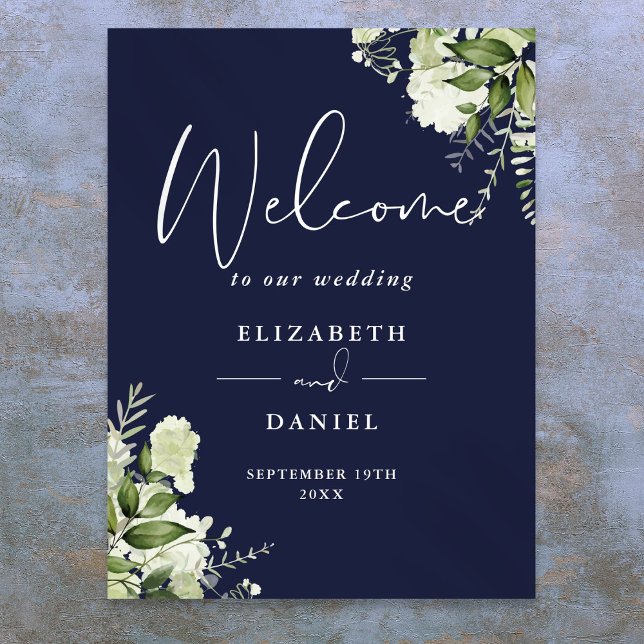 Navy Blue Greenery Floral Wedding Welcome Sign (Navy Blue Greenery Floral Wedding Welcome Sign)