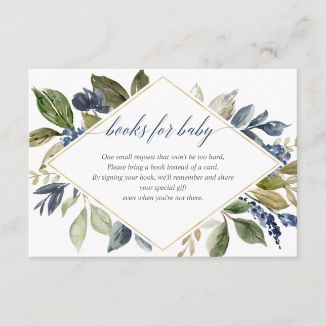 Navy blue greenery foliage book request enclosure card (Front)