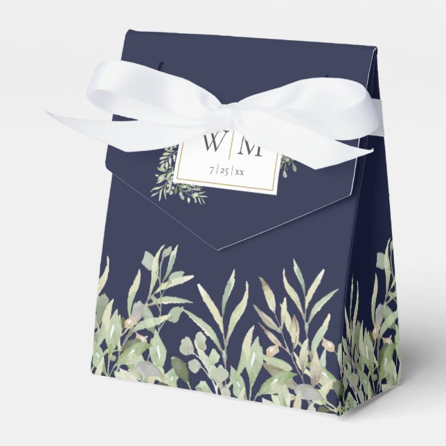 Navy Blue Greenery Foliage Monogram Wedding Favour Box (Front Side)