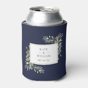 Navy Blue Greenery Foliage Wedding Can Cooler