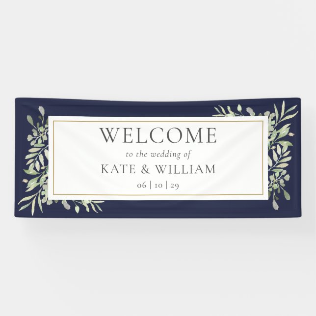 Navy Blue Greenery Foliage Wedding Welcome Banner (Horizontal)