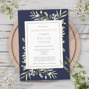 Navy Blue Greenery Funeral Celebration of Life Invitation