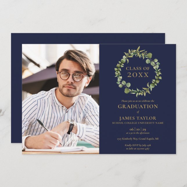 Navy Blue Greenery Garland Photo Graduation Party  Invitation (Front/Back)