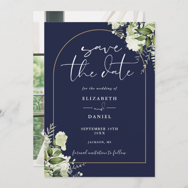 Navy Blue Greenery Gold Arch Photo Wedding Save The Date (Front/Back)