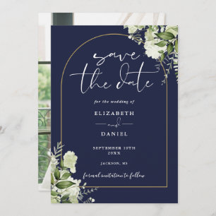 Navy Blue Greenery Gold Arch Photo Wedding Save The Date