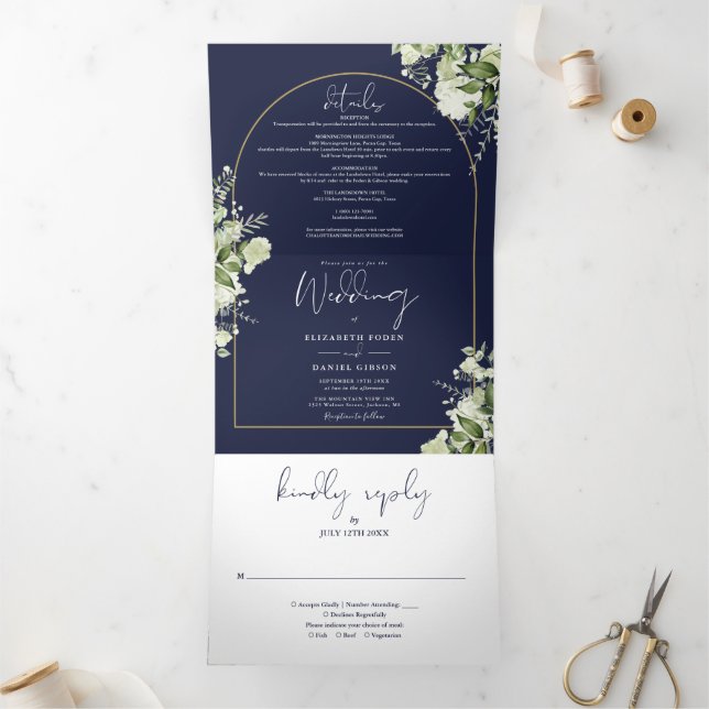 Navy Blue Greenery Gold Arch Photo Wedding Tri-Fold Invitation (Inside)