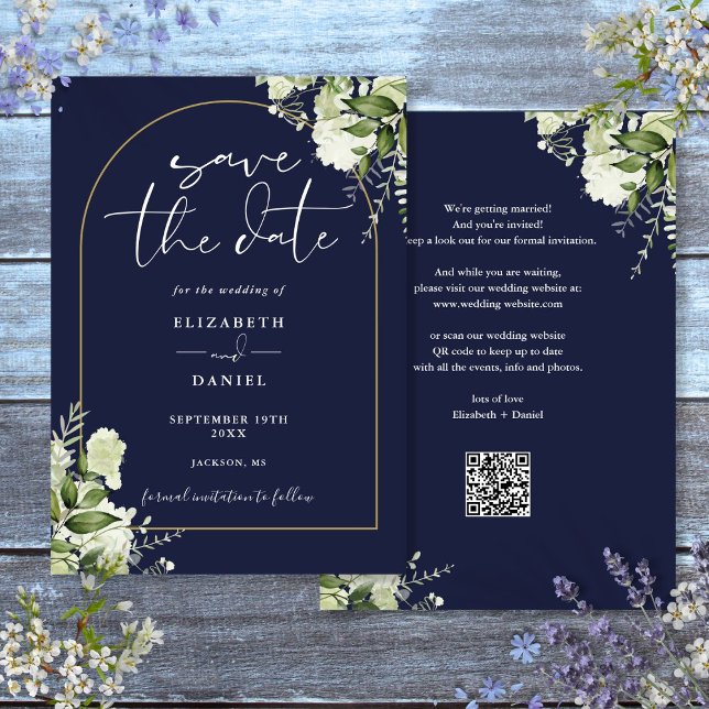 Navy Blue Greenery Gold Arch QR Code Wedding Save The Date (Navy Blue Greenery Gold Arch QR Code Wedding Save The Date)