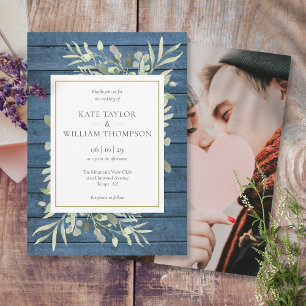 Navy Blue Greenery Gold Rustic Photo Wedding Invitation