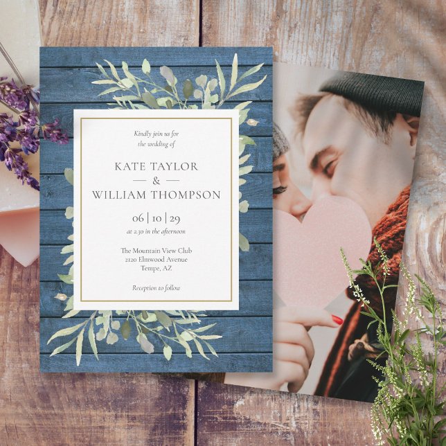Navy Blue Greenery Gold Rustic Photo Wedding Invitation (Navy Blue Greenery Gold Rustic Photo Wedding Invitation)
