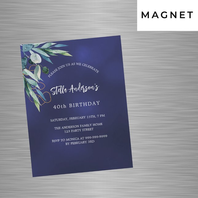Navy blue greenery luxury birthday magnetic invitation (Creator Uploaded)