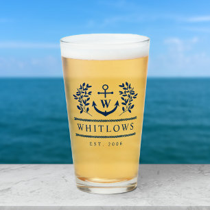 Navy Blue Greenery Nautical Monogram Lake House Glass