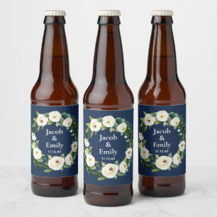 Navy Blue Greenery Personalised Names Date Wedding Beer Bottle Label