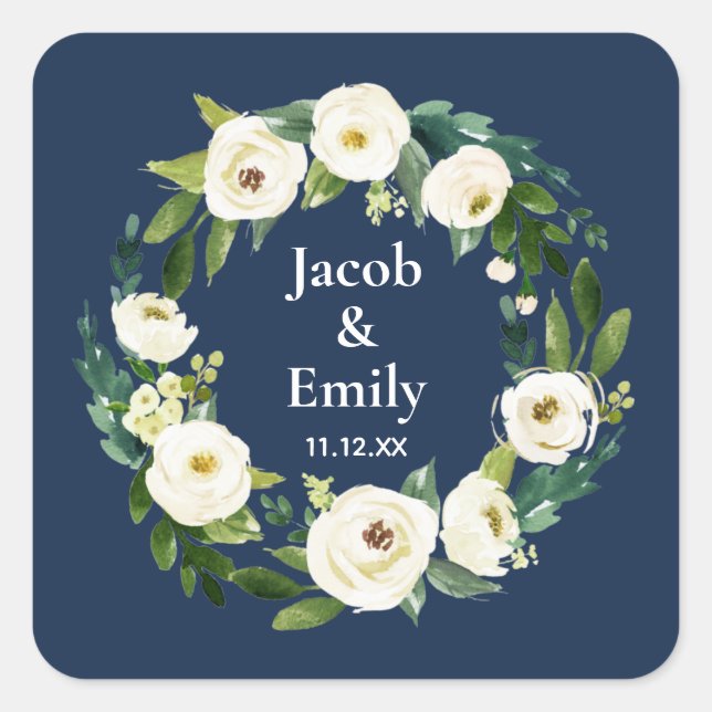 Navy Blue Greenery Personalised Names Date Wedding Square Sticker (Front)