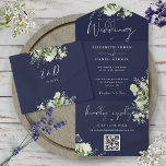 Navy Blue Greenery QR Code Monogram Wedding All In One Invitation<br><div class="desc">All in one wedding invitation featuring botanical greenery rustic leaves,  and elegant typography on a navy blue background. The invitation includes a perforated RSVP card featuring a QR code. Designed by Thisisnotme©</div>