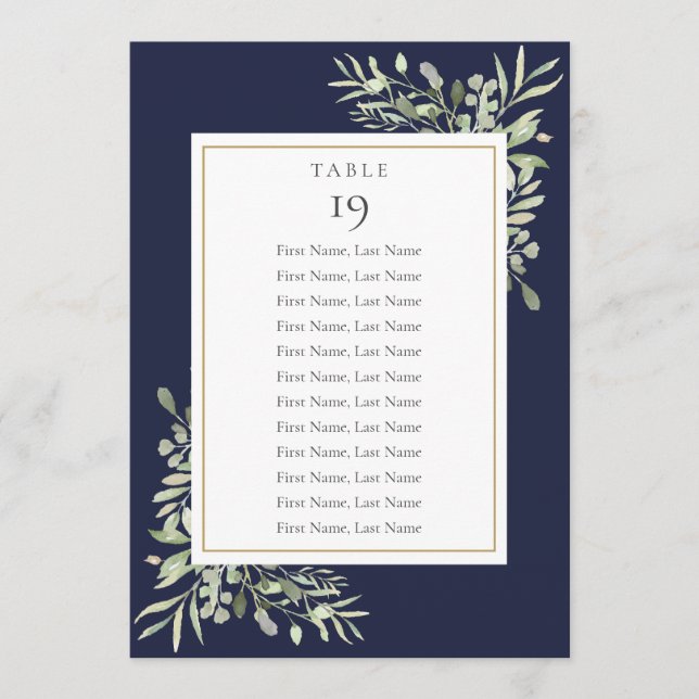 Navy Blue Greenery Seating Chart Table Number (Front)