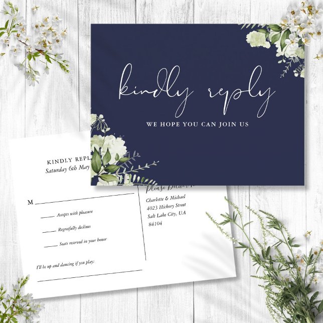 Navy Blue Greenery Song Request RSVP Postcard (Navy Blue Greenery Song Request RSVP Postcard)