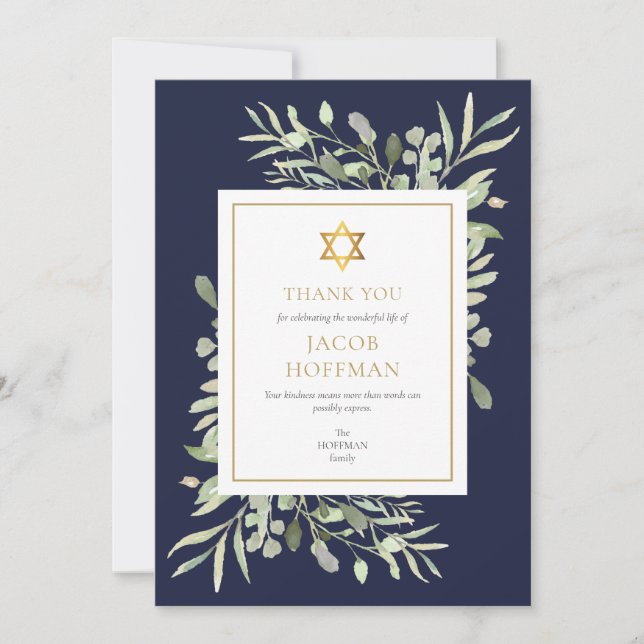 Navy Blue Greenery Star of David Jewish Funeral Th Thank You Card (Front)