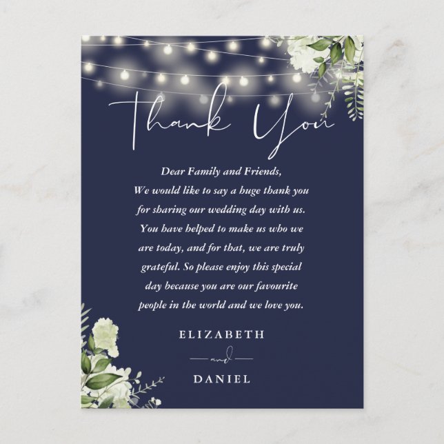 Navy Blue Greenery Thank You Wedding Place Card (Front)