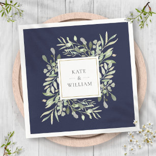 Navy Blue Greenery Watercolor  Wedding Napkin