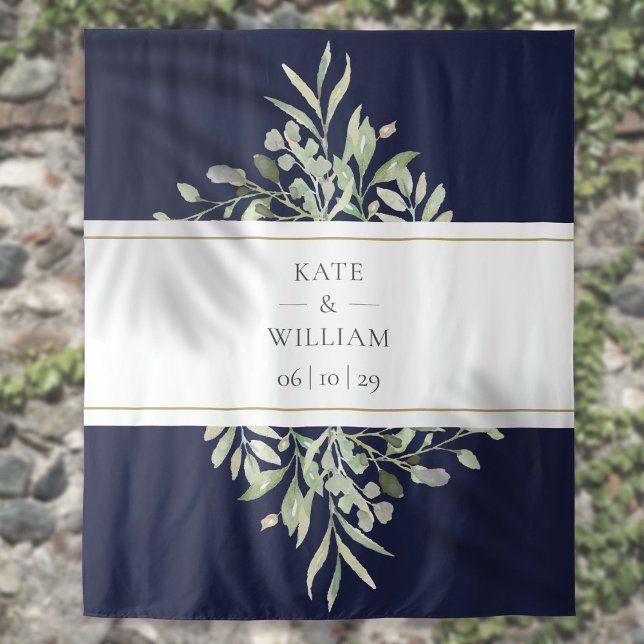Navy Blue Greenery Wedding Photo Booth Backdrop Tapestry (Creator Uploaded)